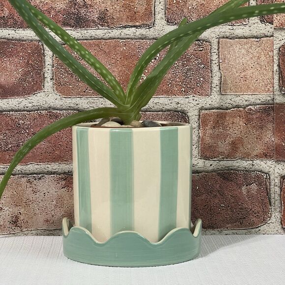 Striped Ceramic Planter Scallop Petal Edge DRAINAGE Attached Saucer Blue Cream - Picture 3 of 12